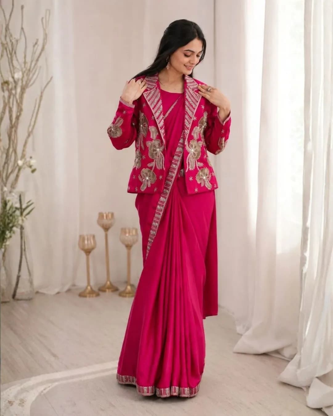 Party Wear Saree with Embroidered Jacket (Koti) Set