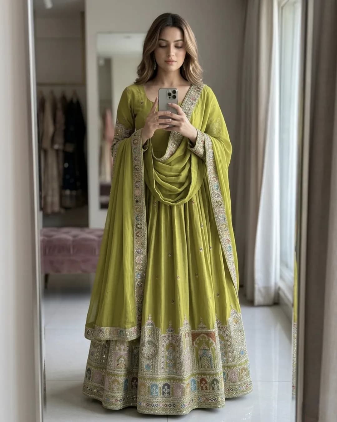 Designer Chinon Silk Gown Pant Dupatta Set with Embroidery Work
