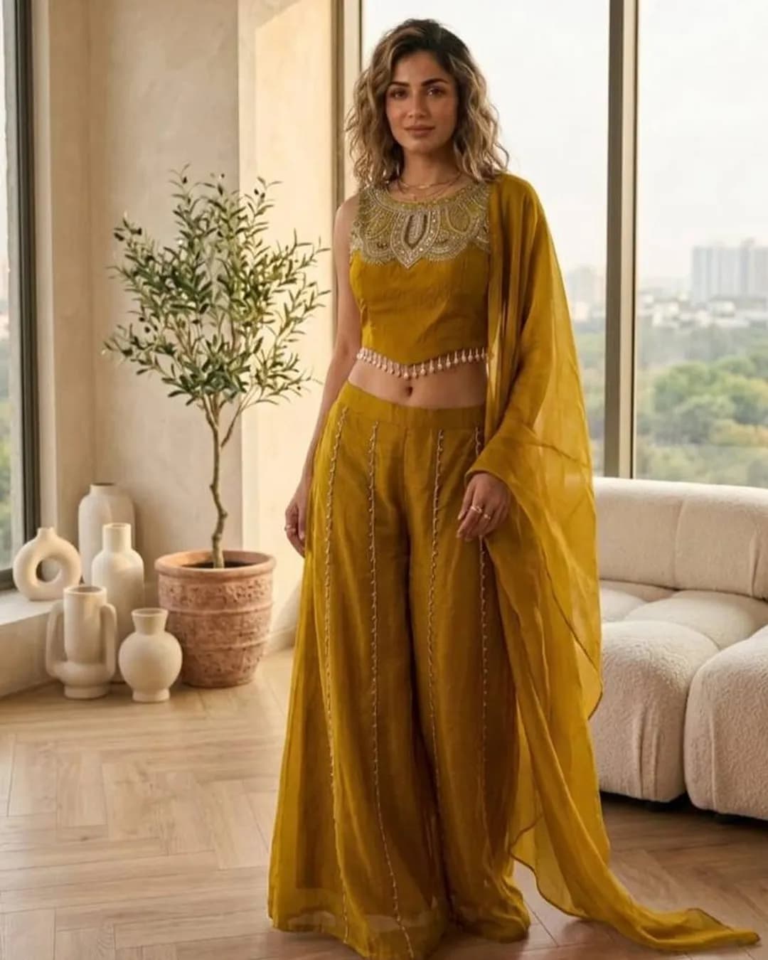 Designer Indo-Western Viscose Satin Top with Palazzo Set