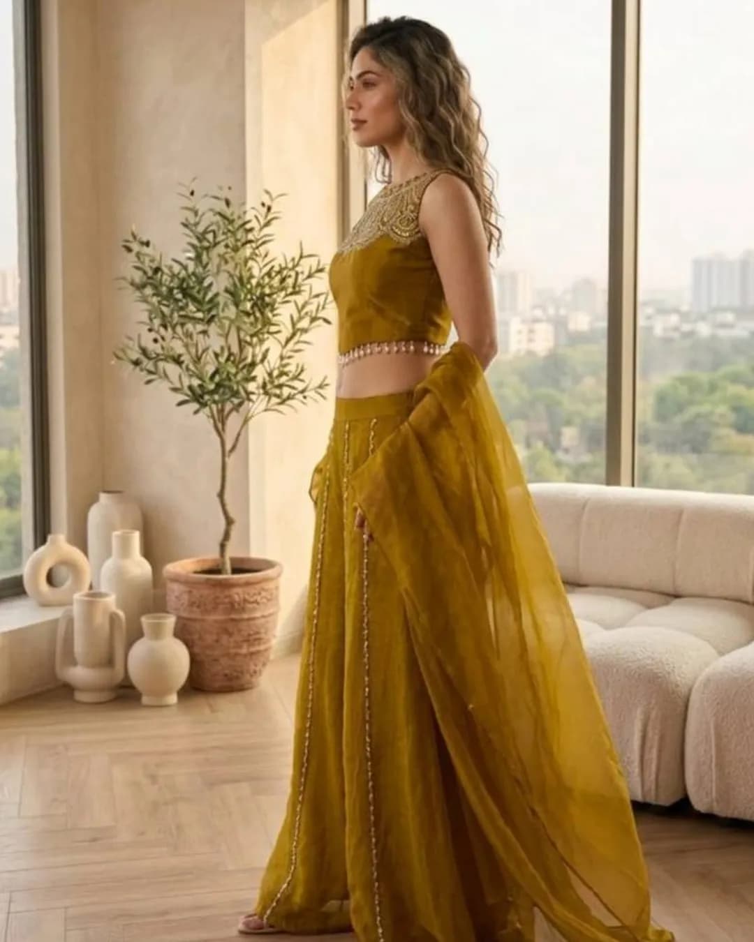 Designer Indo-Western Viscose Satin Top with Palazzo Set alternate view