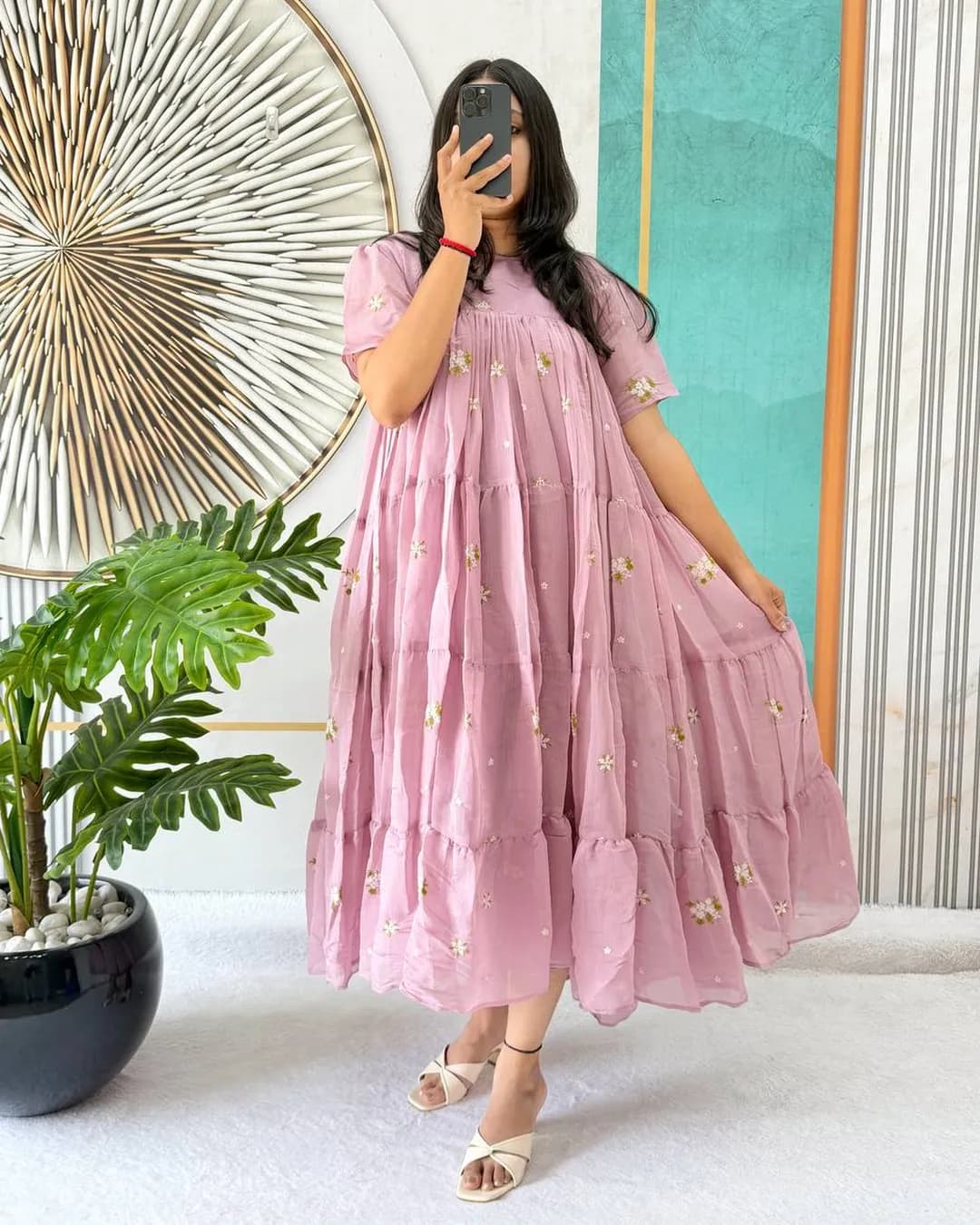 Floral Mull Cotton Chanderi Midi Gown with Embroidery Work