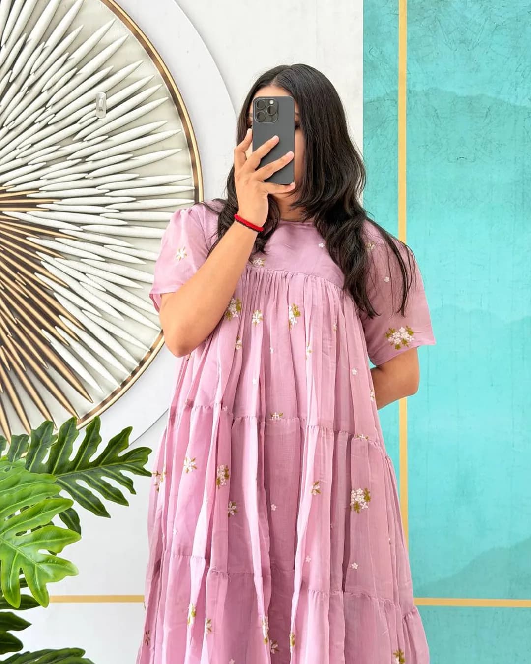 Floral Mull Cotton Chanderi Midi Gown with Embroidery Work alternate view