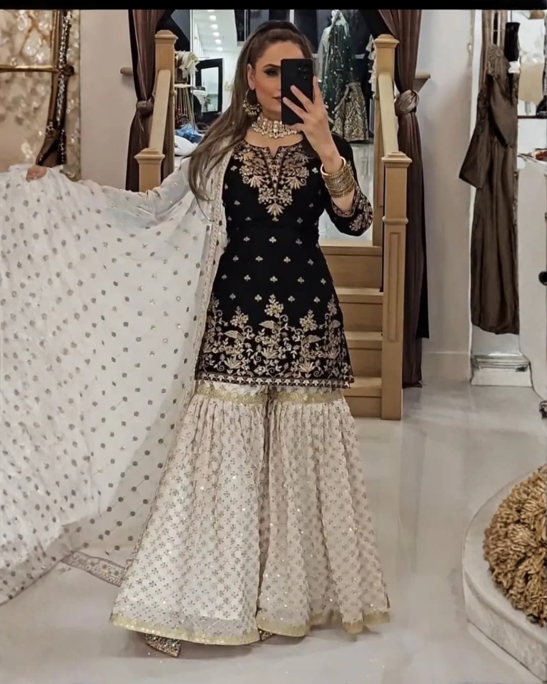 Heavy Fox Georgette Embroidered Top Sharara Dupatta Set