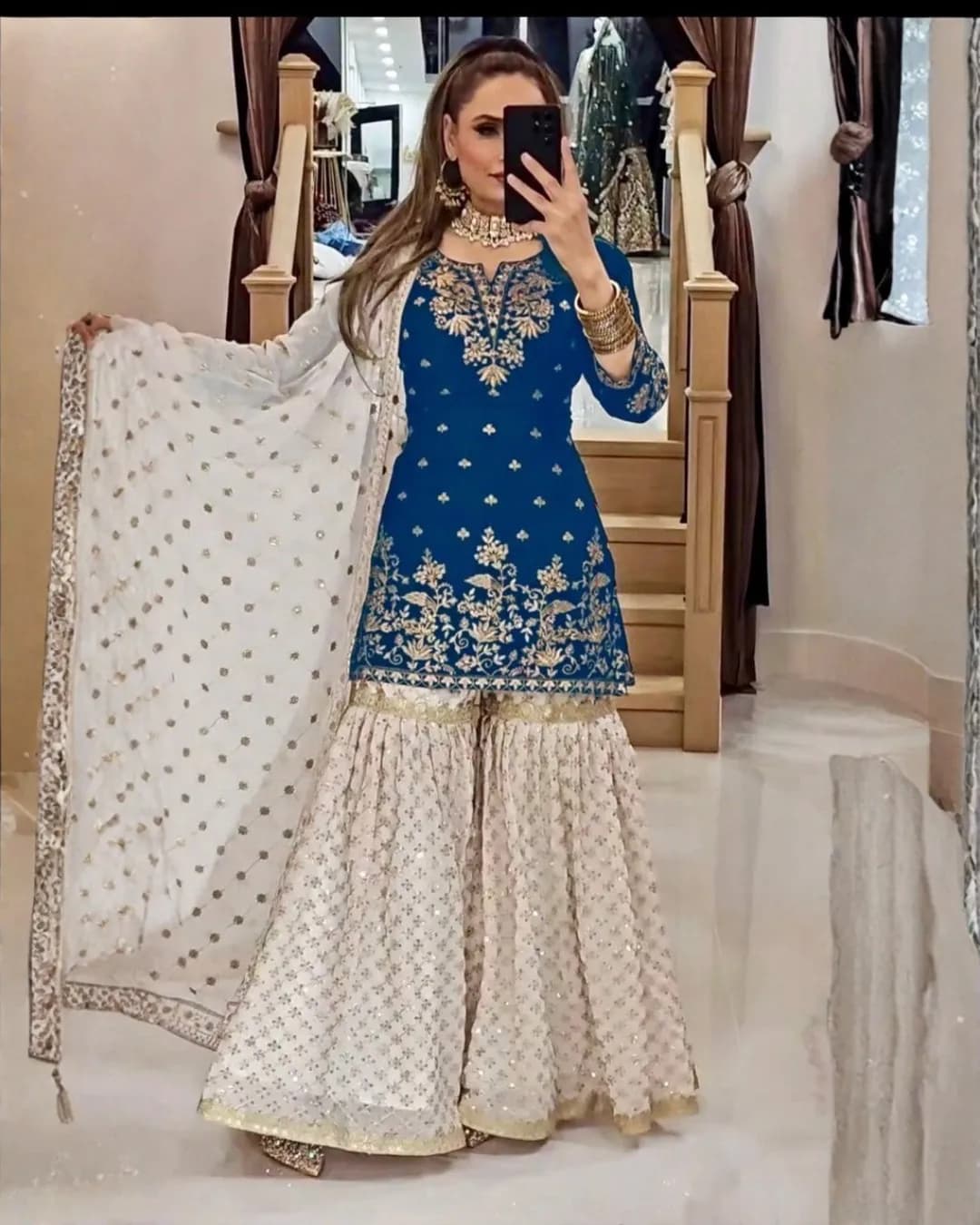 Heavy Fox Georgette Embroidered Top Sharara Dupatta Set alternate view
