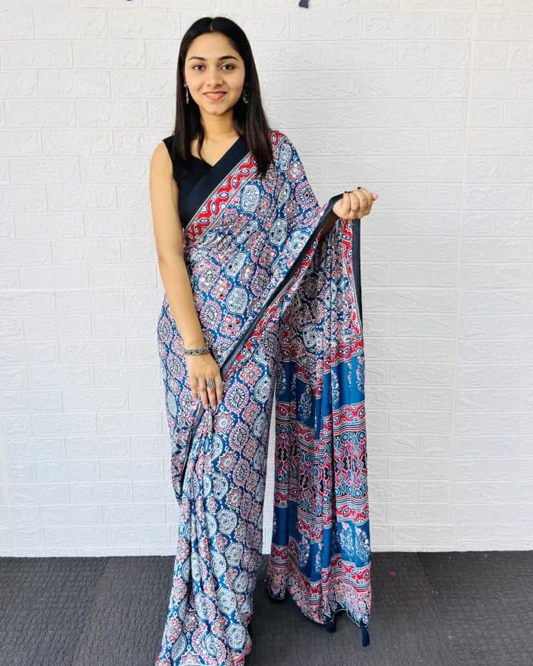 Premium Crepe Satin Semi Gajji Silk Saree with Heavy Mirror Work alternate view