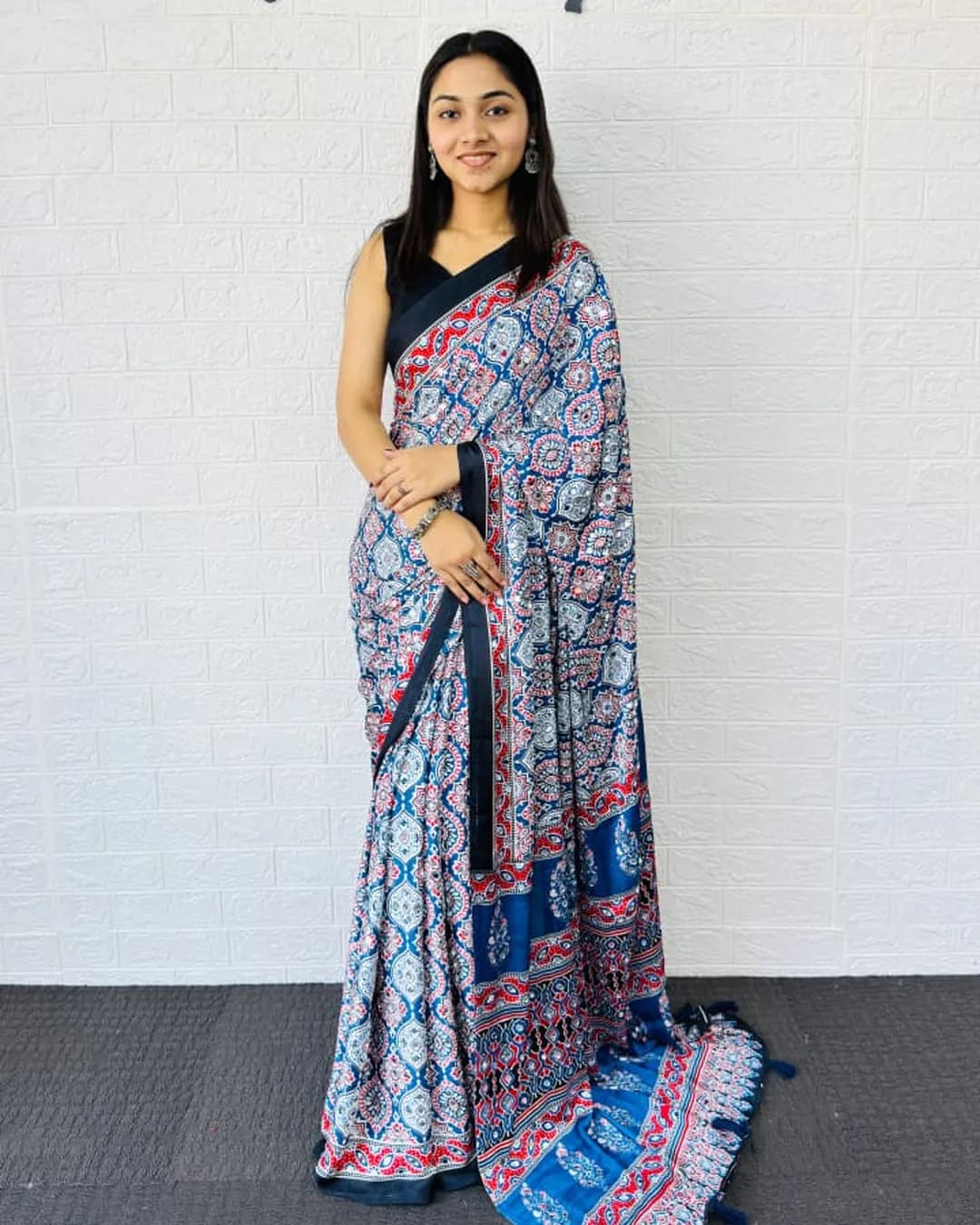 Premium Crepe Satin Semi Gajji Silk Saree with Heavy Mirror Work