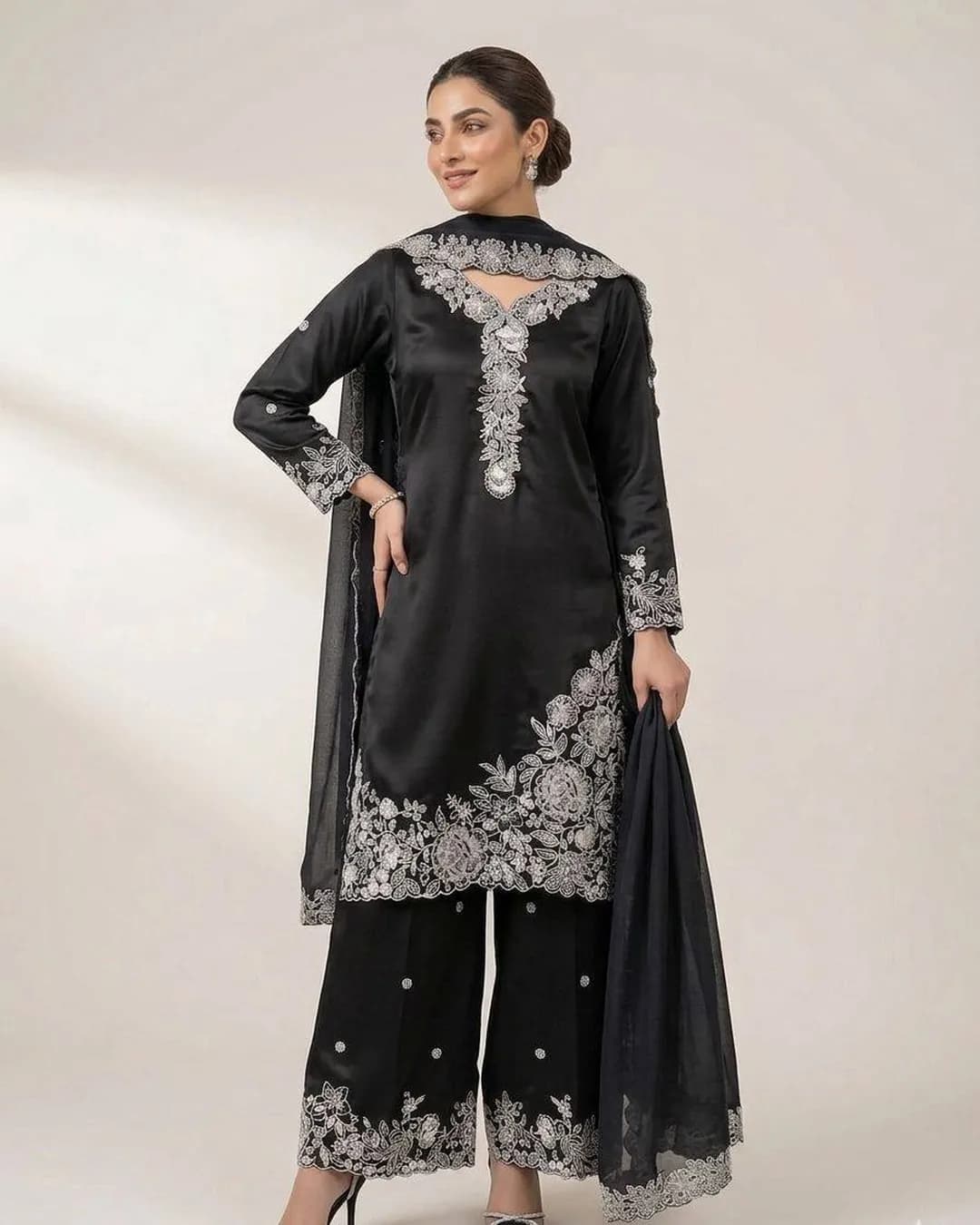 Sequence Embroidered French Crepe Kurti Plazzo Dupatta Set