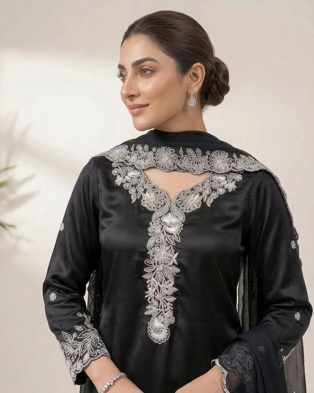 Sequence Embroidered French Crepe Kurti Plazzo Dupatta Set alternate view