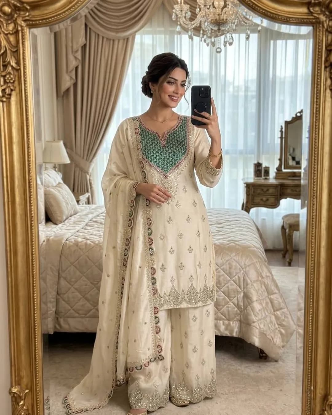 Chinon Silk Embroidered Top Plazzo Dupatta Set with Mirror Diamond Work alternate view