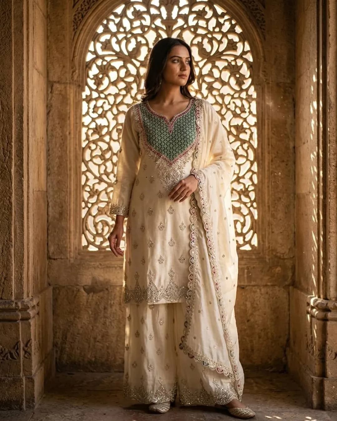 Chinon Silk Embroidered Top Plazzo Dupatta Set with Mirror Diamond Work