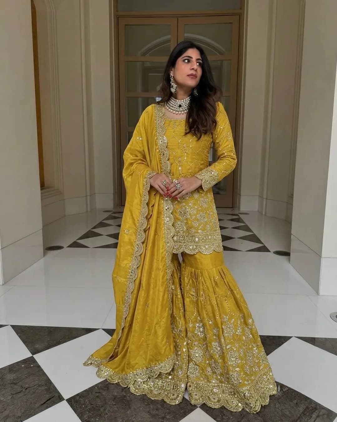 Pure Heavy GMY Silk Embroidered Sharara Set with Real Mirror Handwork alternate view