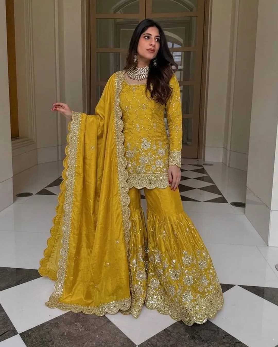 Pure Heavy GMY Silk Embroidered Sharara Set with Real Mirror Handwork