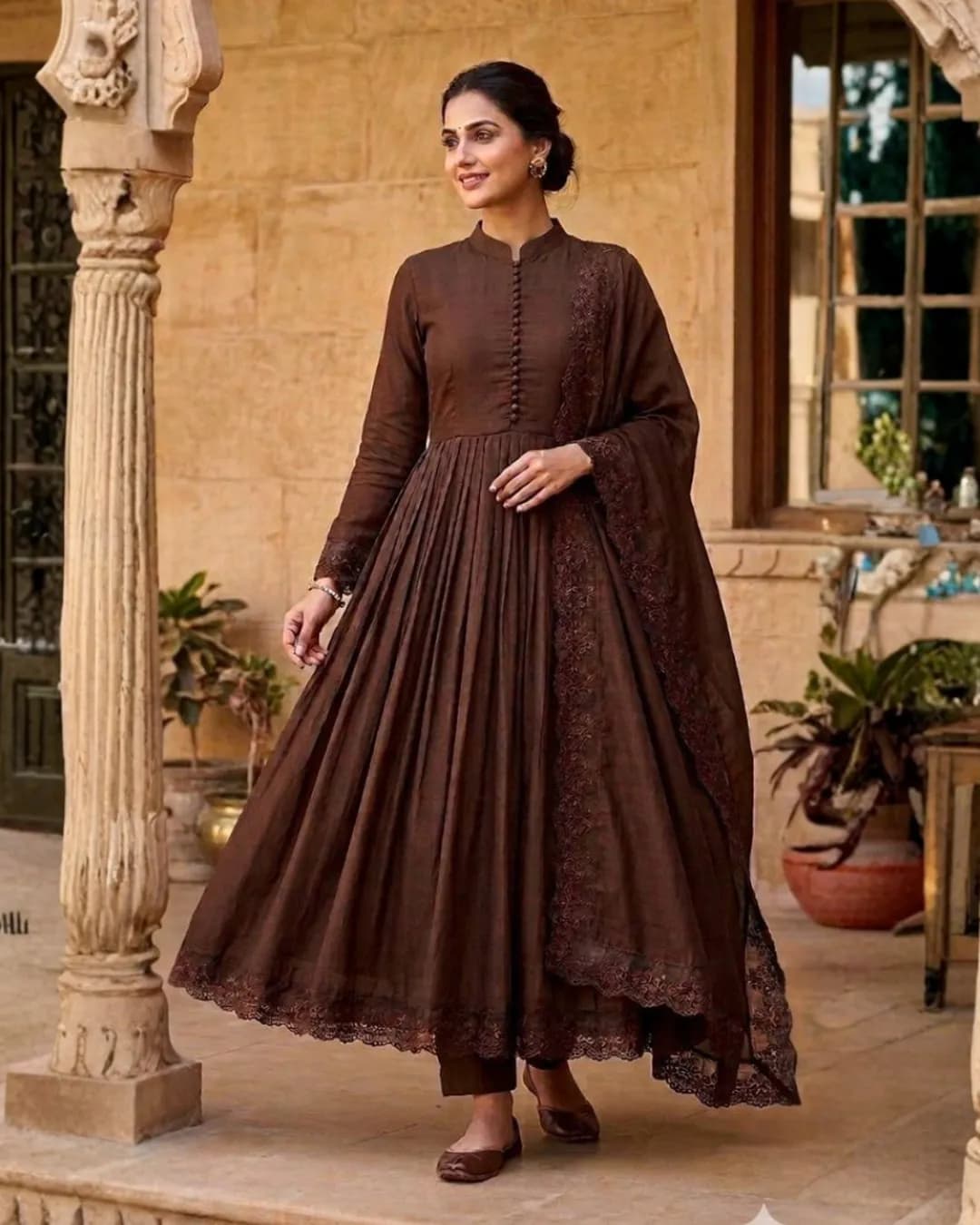 Heavy Roman Silk Embroidered Gown Set with Dupatta