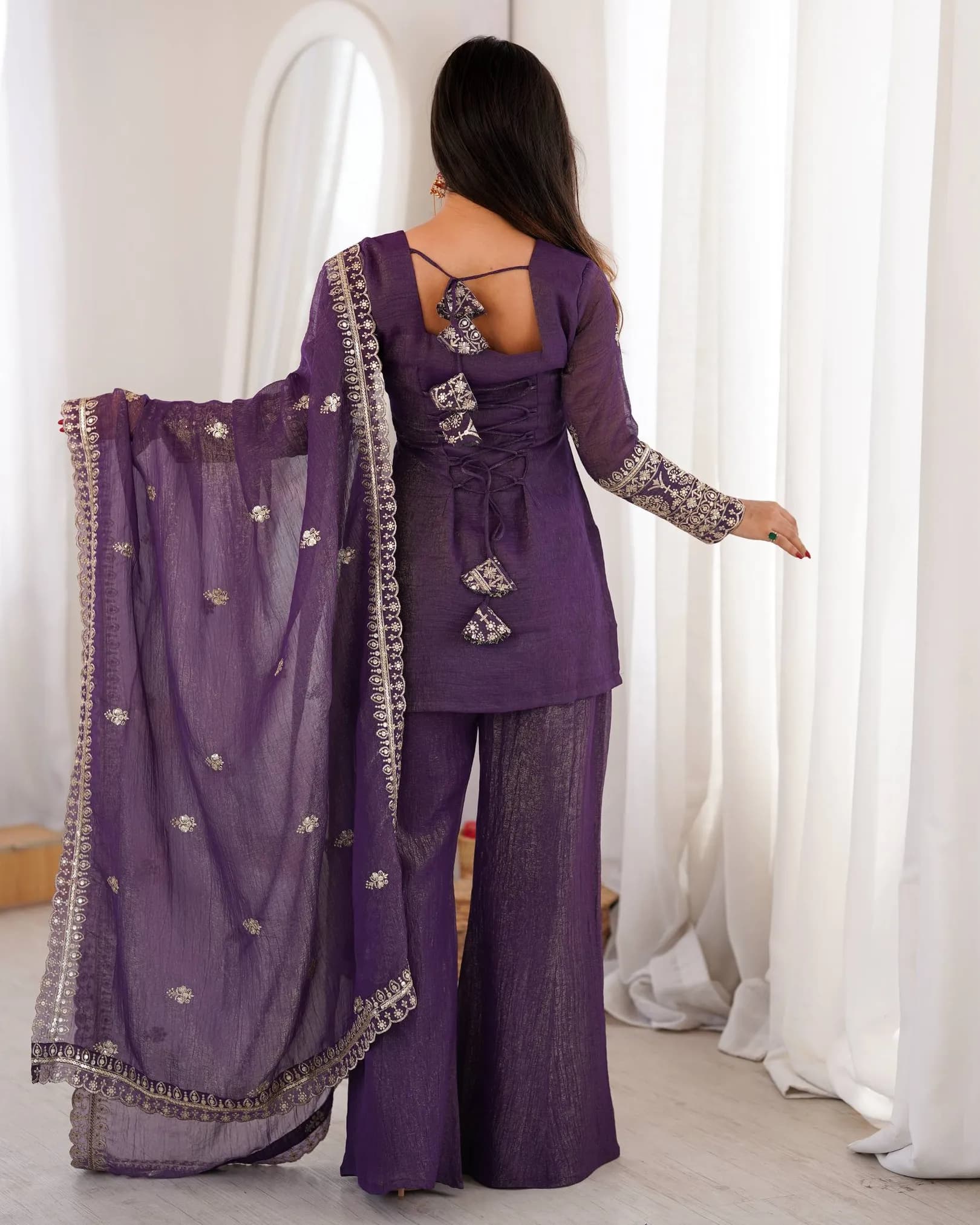 Crunchy Silk Embroidered Kurta Set with Bell Bottom Pant & Dupatta alternate view