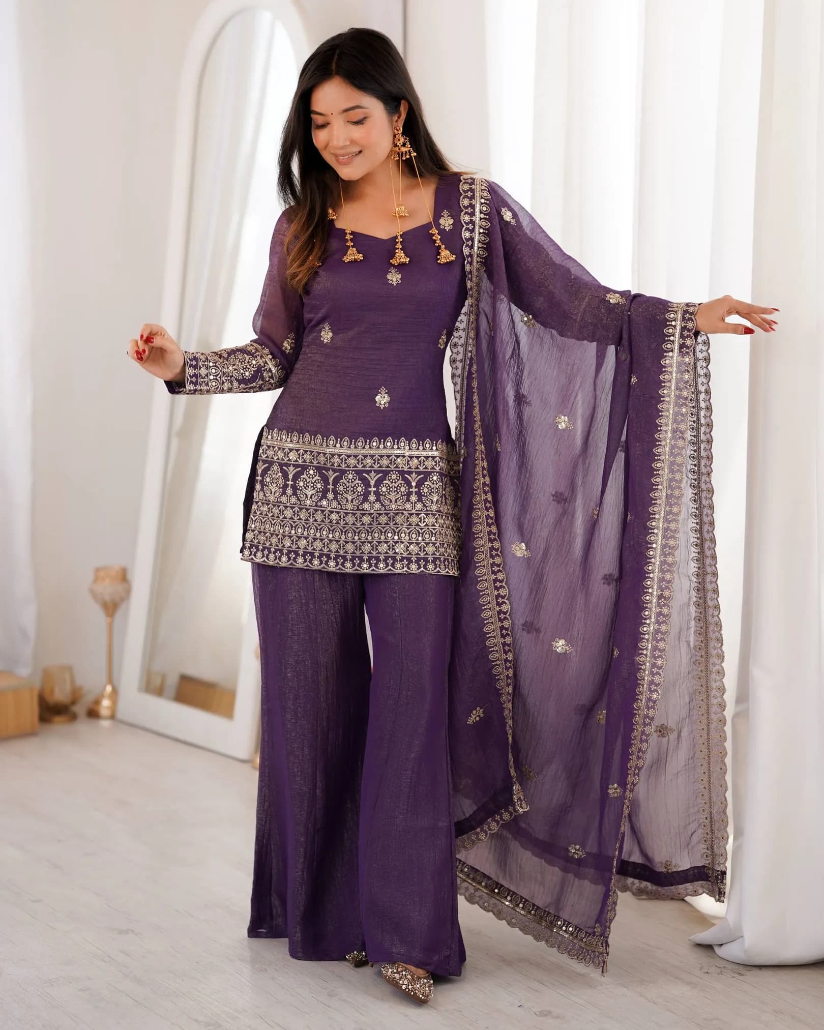 Crunchy Silk Embroidered Kurta Set with Bell Bottom Pant & Dupatta
