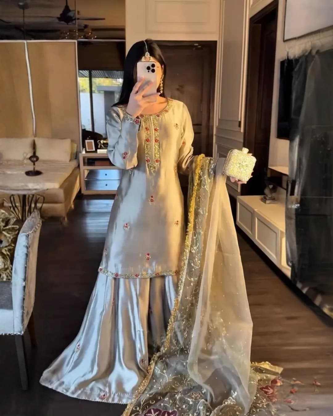 Heavy Zapan Satin Silk Embroidered Top Plazzo Dupatta Set
