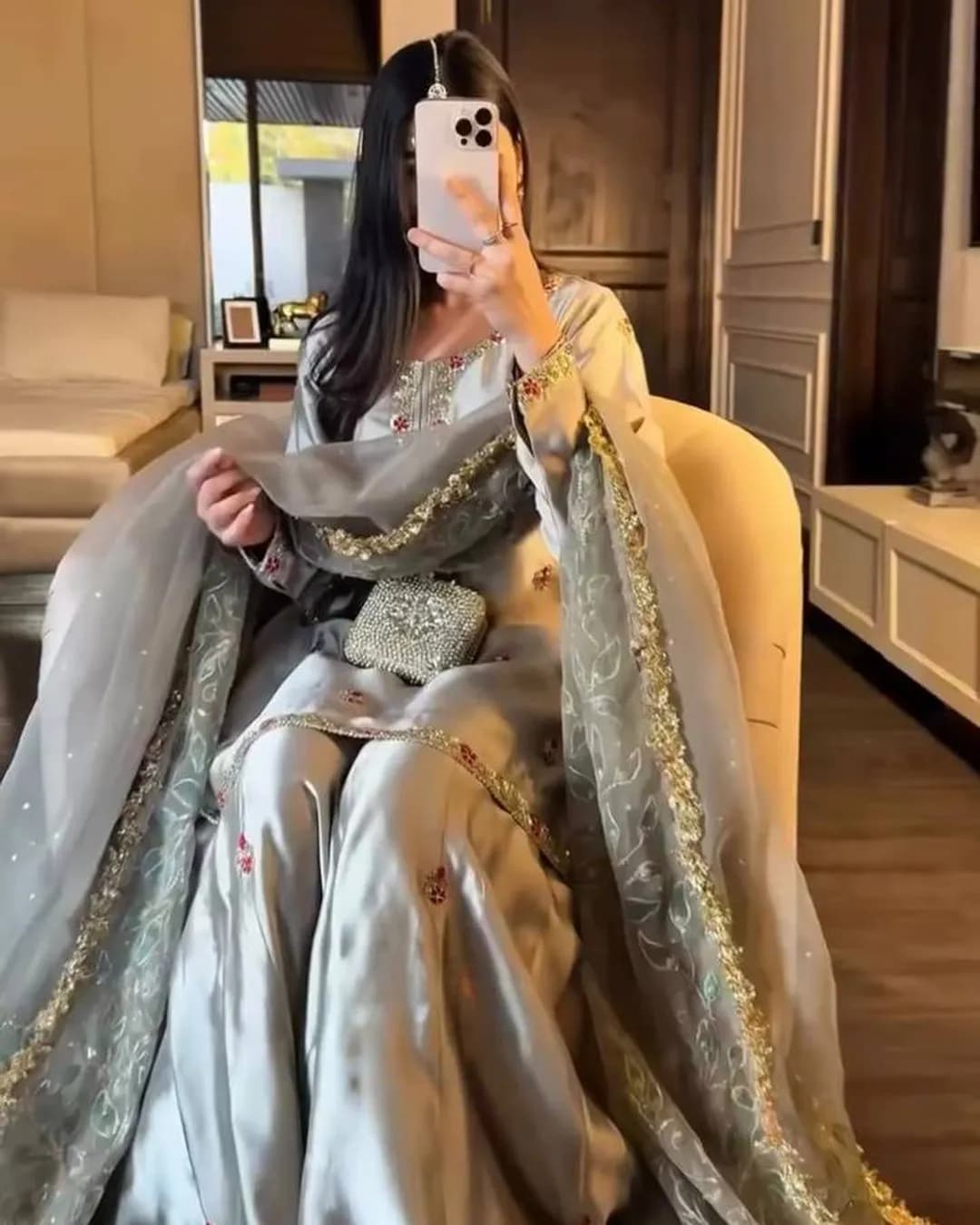 Heavy Zapan Satin Silk Embroidered Top Plazzo Dupatta Set alternate view