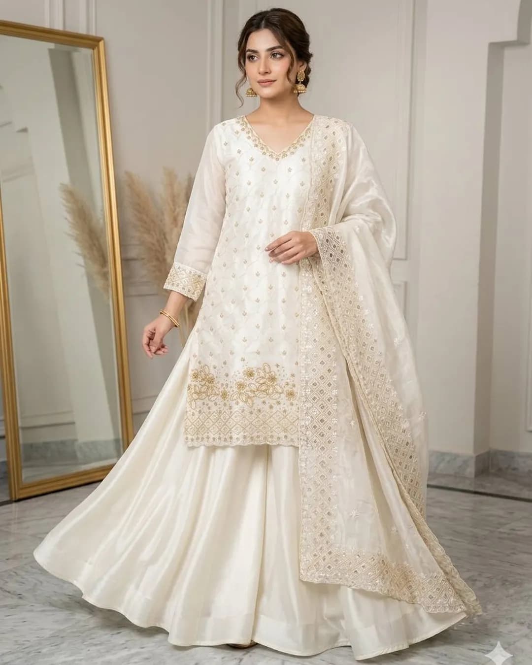 Party Wear Chinon Embroidered Top, Palazzo & Dupatta Set