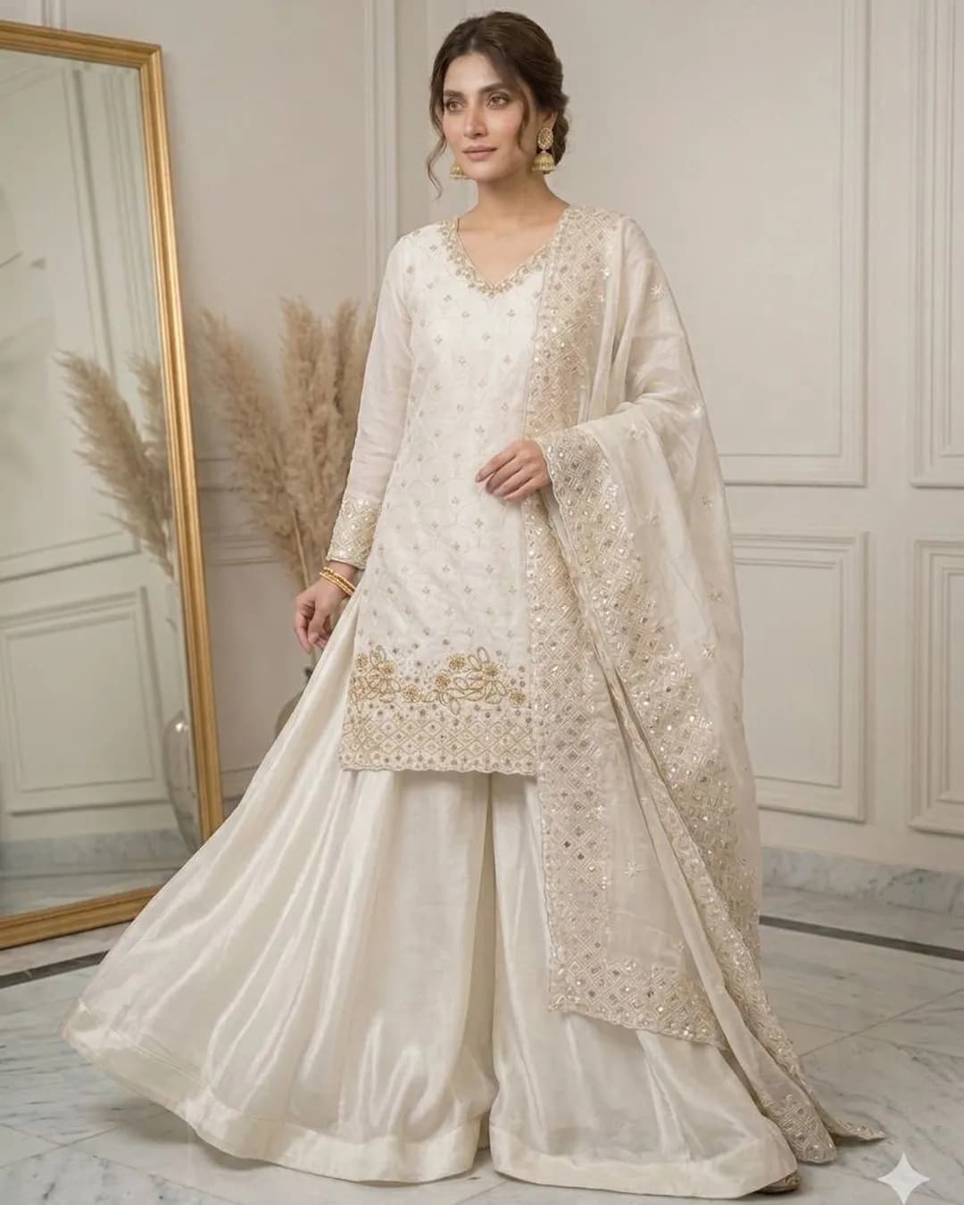 Party Wear Chinon Embroidered Top, Palazzo & Dupatta Set alternate view