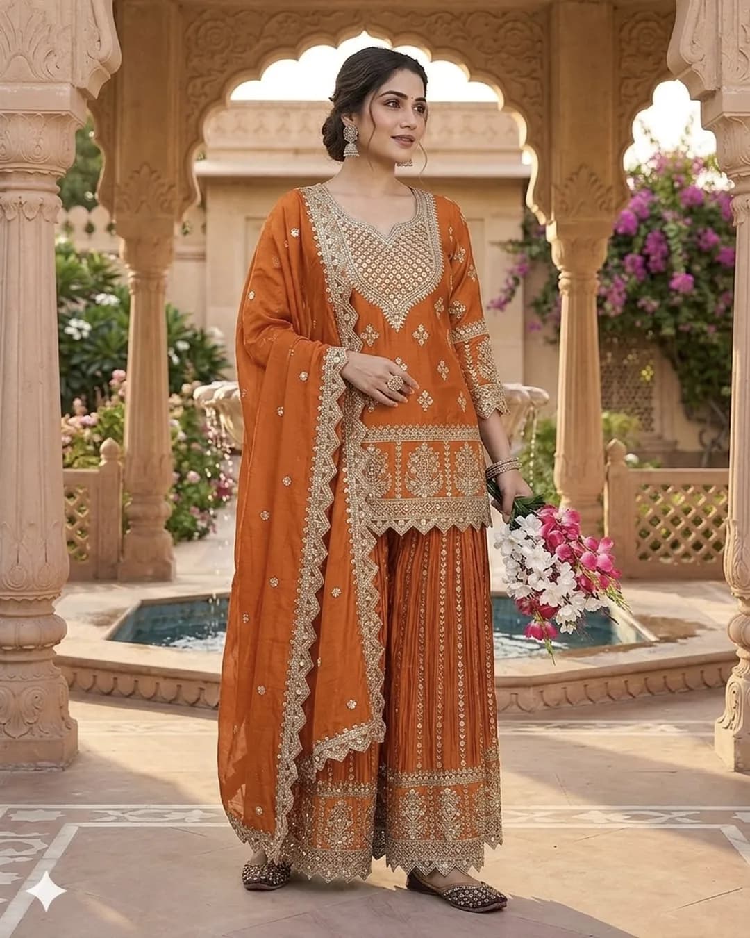 Designer Party Wear Heavy Chinnon Silk Top, Sharara Palazzo & Dupatta Set with 5mm Sequence Embroidery alternate view