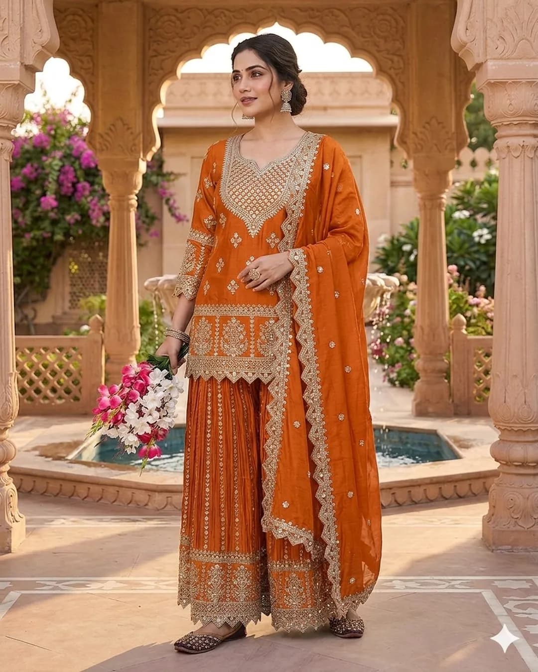 Designer Party Wear Heavy Chinnon Silk Top, Sharara Palazzo & Dupatta Set with 5mm Sequence Embroidery