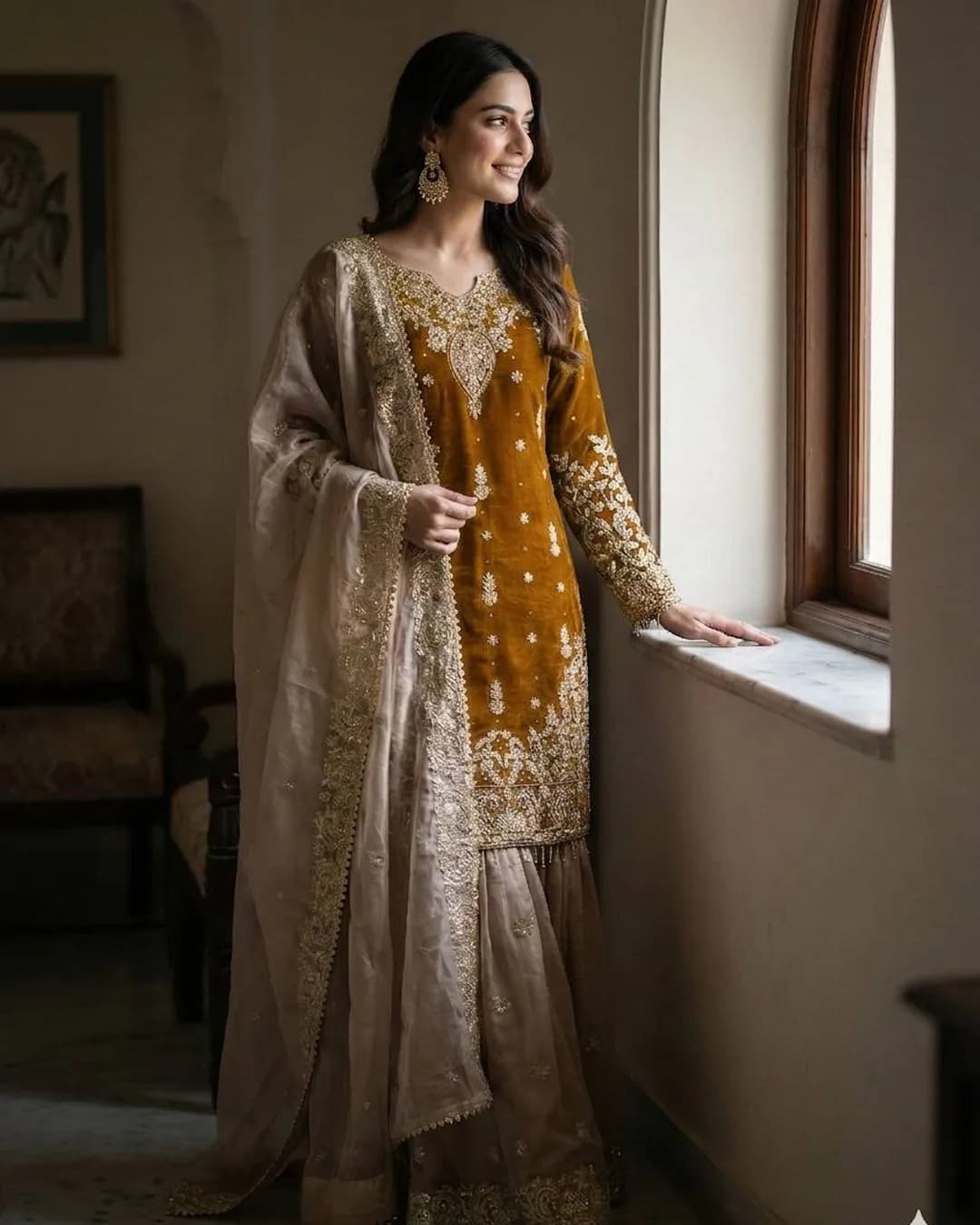 Wedding Wear Heavy GMY Silk Top, Sharara & Dupatta Set with Coding Dori, Sequins, Diamond & Rivet Moti Work alternate view
