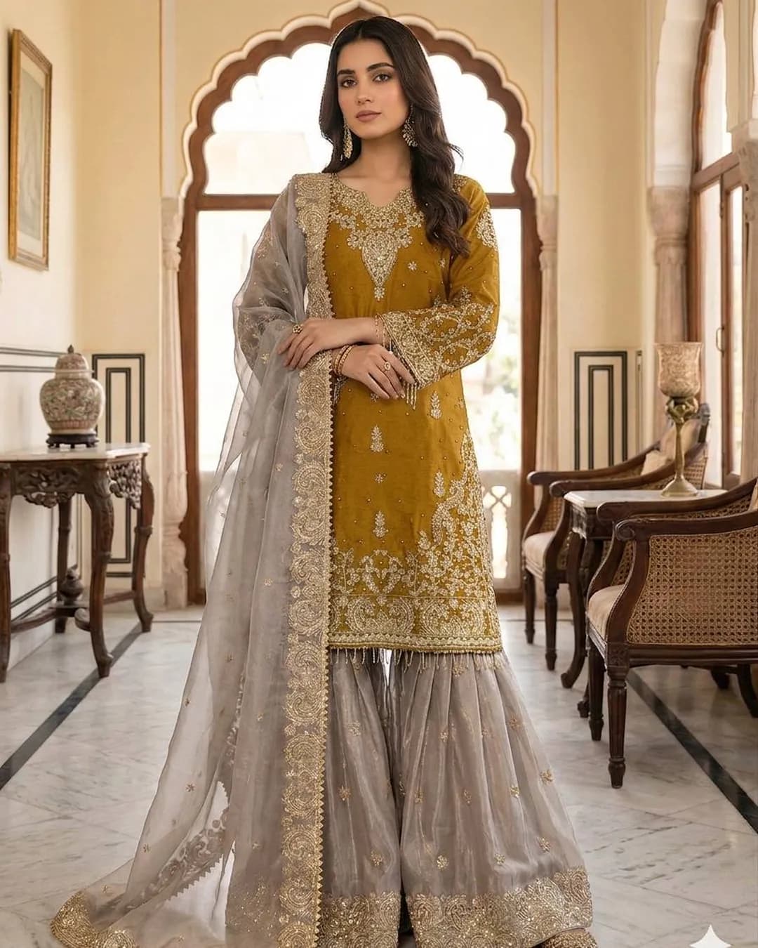 Wedding Wear Heavy GMY Silk Top, Sharara & Dupatta Set with Coding Dori, Sequins, Diamond & Rivet Moti Work