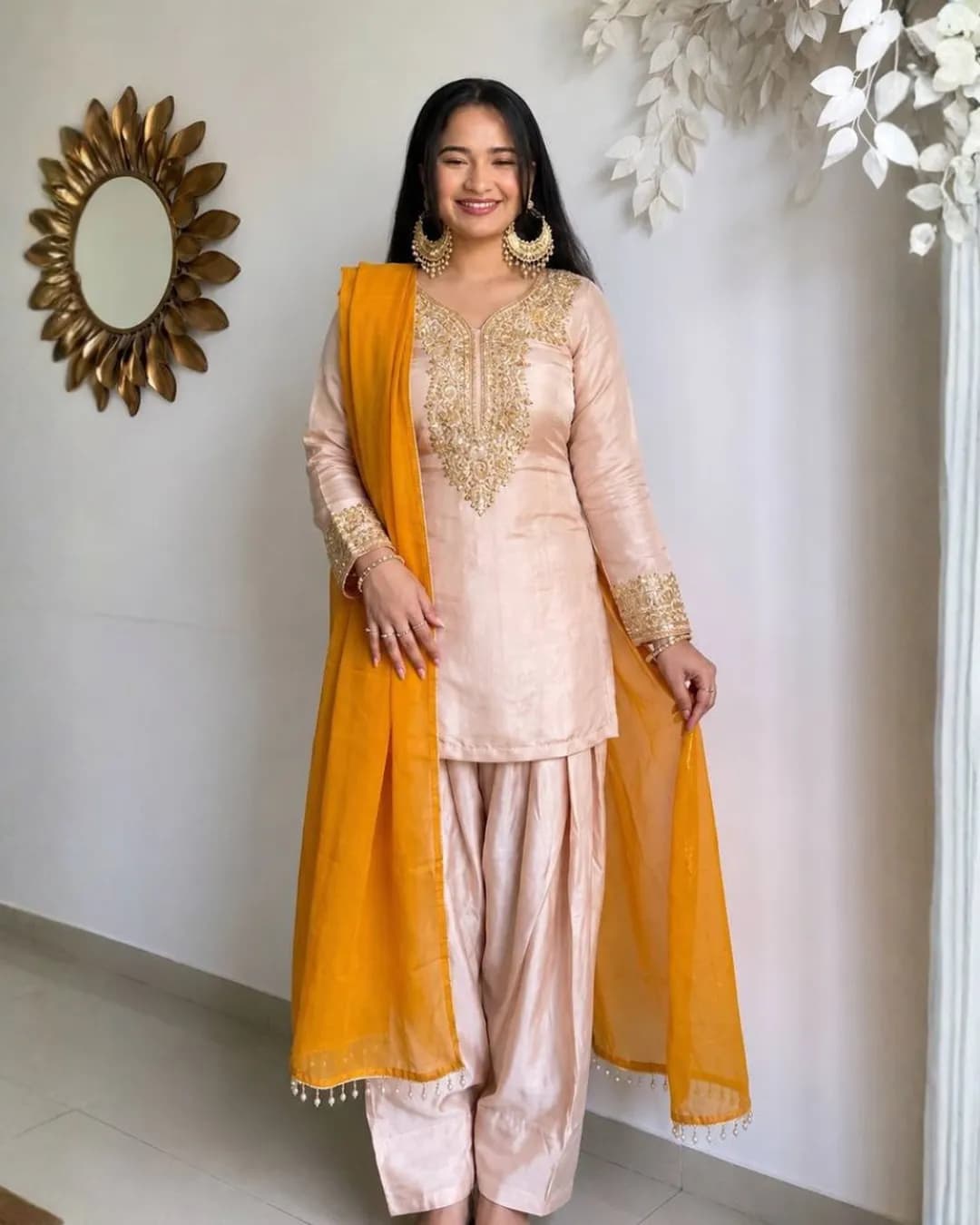 Heavy Satin Glass Embroidered Kurta Palazzo Set with Moti Work & Faux Georgette Dupatta
