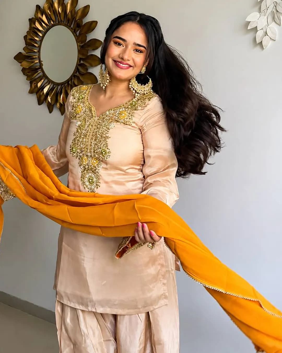 Heavy Satin Glass Embroidered Kurta Palazzo Set with Moti Work & Faux Georgette Dupatta alternate view