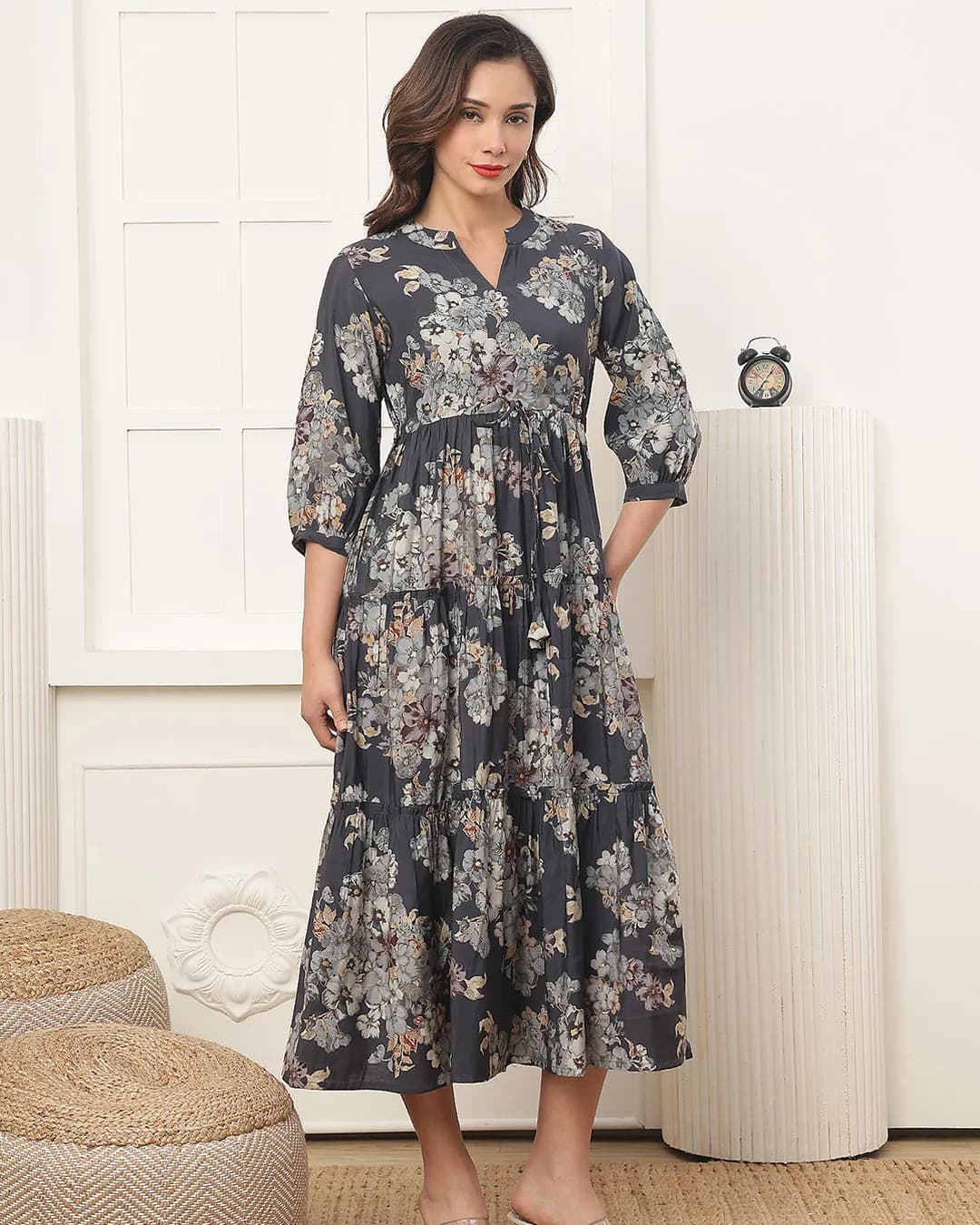 Women's Grey Floral Printed Chanderi Silk Midi Dress