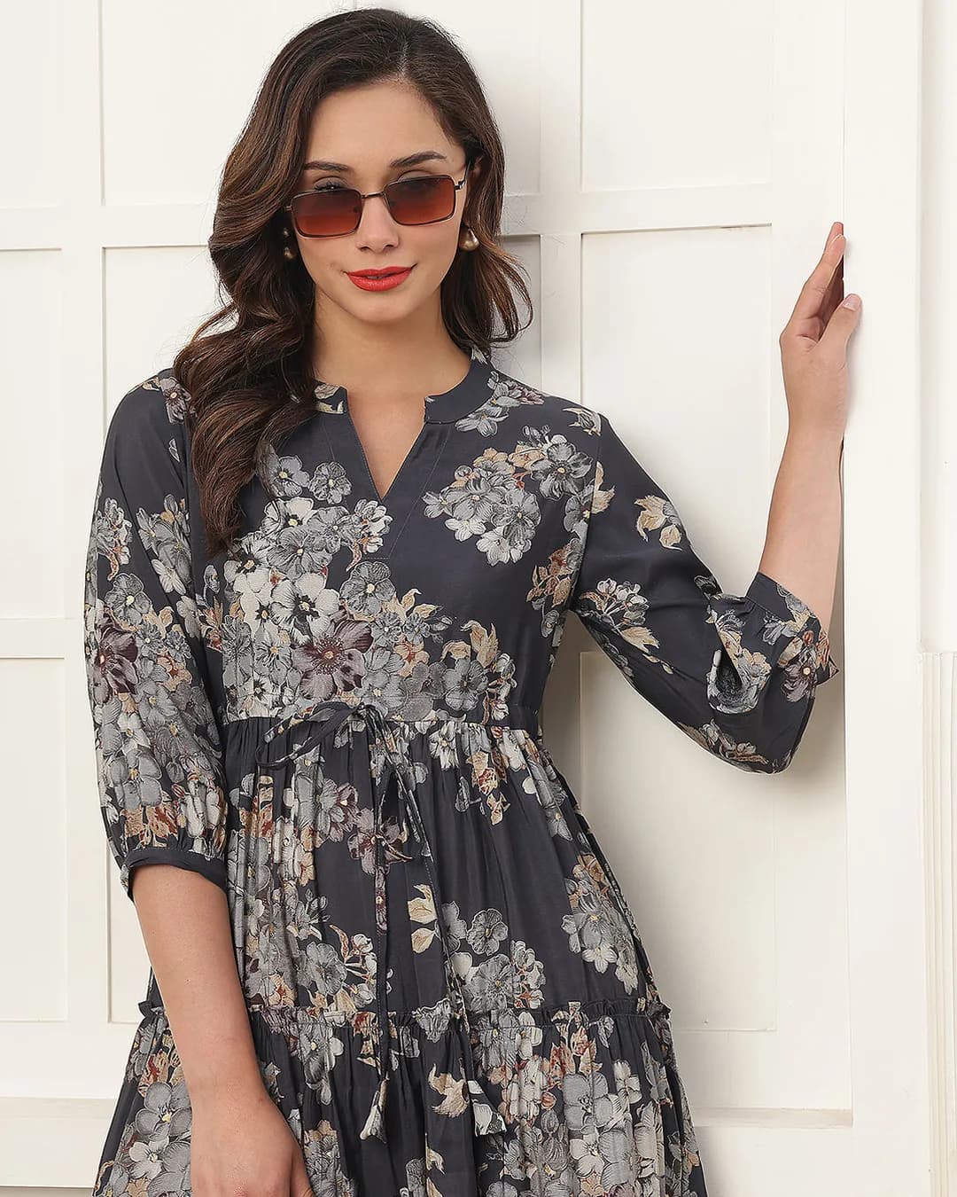 Women's Grey Floral Printed Chanderi Silk Midi Dress alternate view