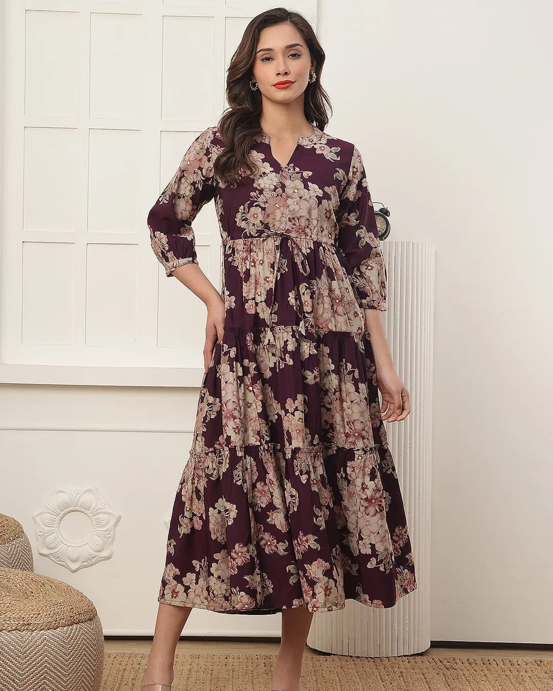 Women's Purple Floral Printed Chanderi Silk Midi Dress