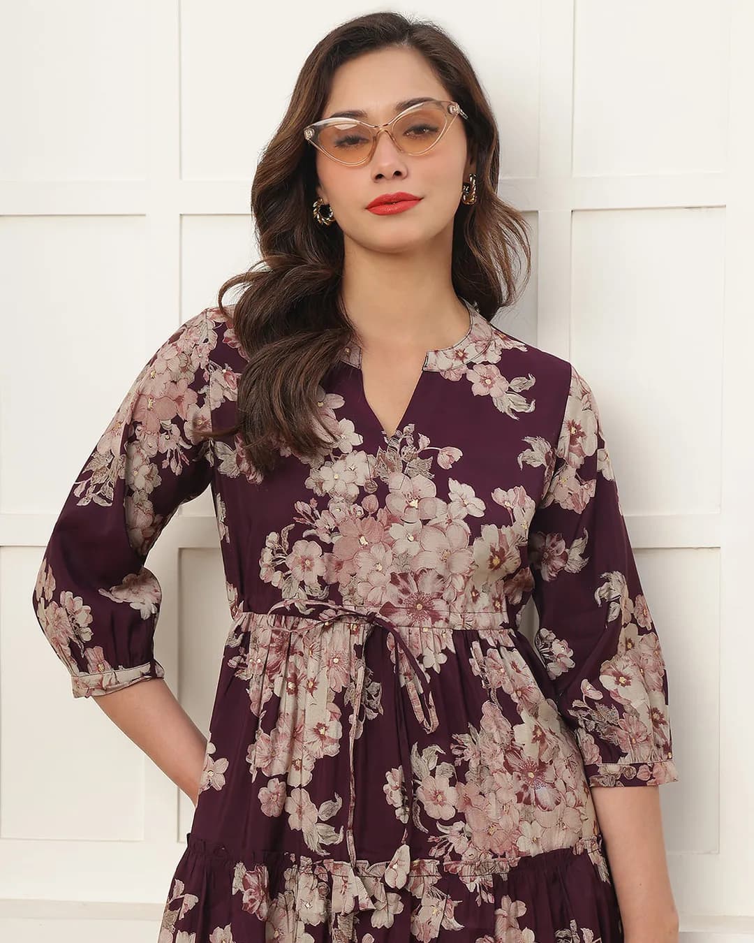 Women's Purple Floral Printed Chanderi Silk Midi Dress alternate view
