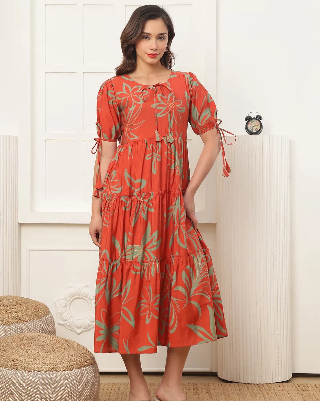 Women's Orange Floral Printed Premium Chanderi Silk Midi Dress
