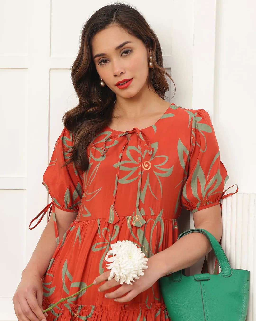 Women's Orange Floral Printed Premium Chanderi Silk Midi Dress alternate view