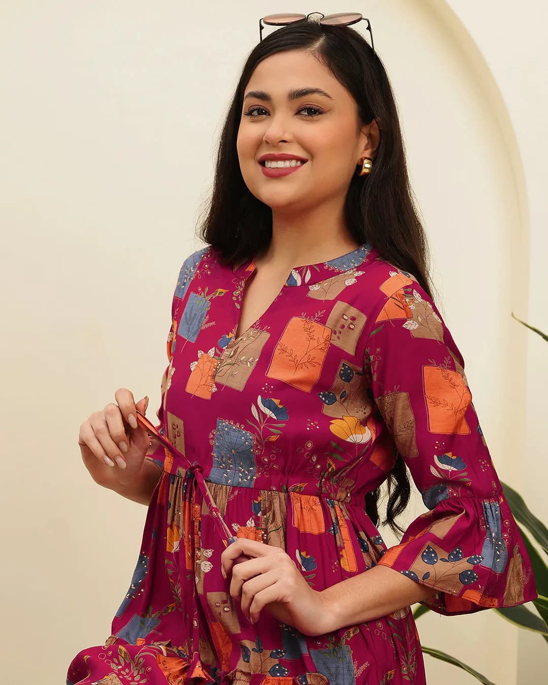 Magenta Abstract Printed Premium Chanderi Silk Dress for Women alternate view