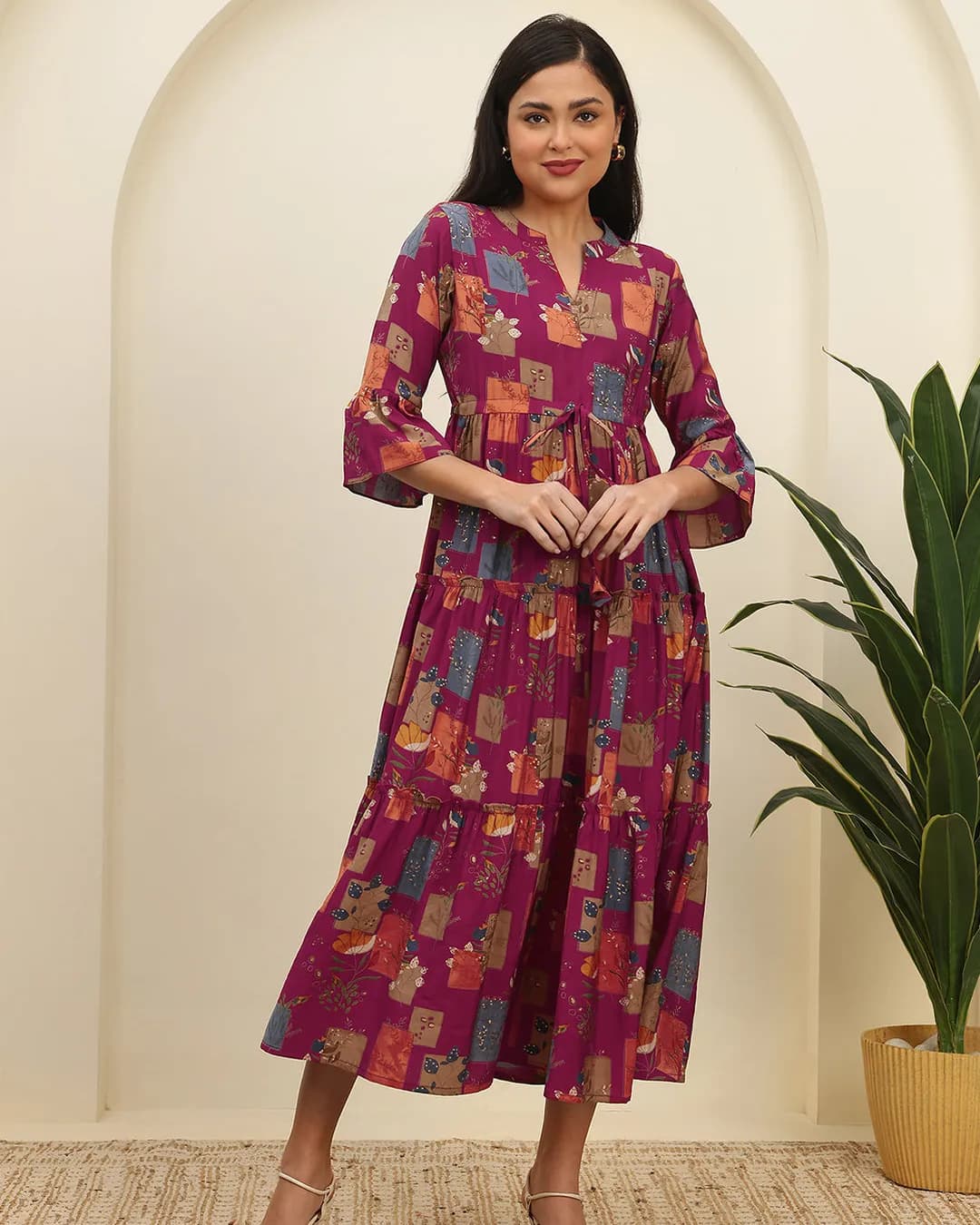 Magenta Abstract Printed Premium Chanderi Silk Dress for Women