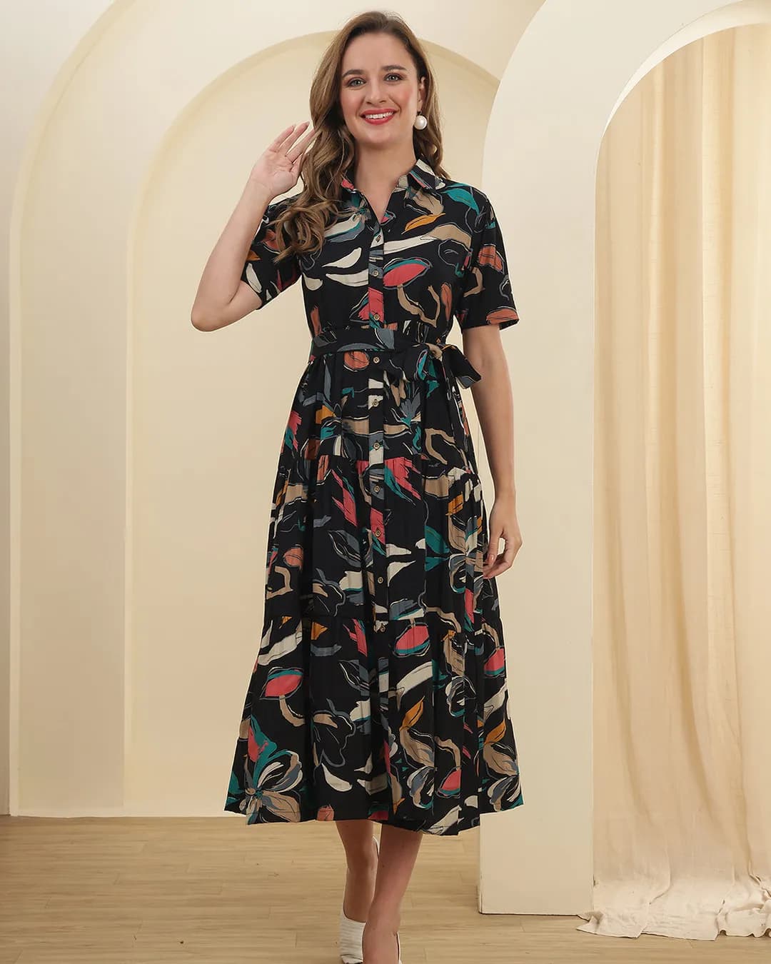 Women's Black Abstract Printed Premium Chanderi Silk Shirt Dress with Belt