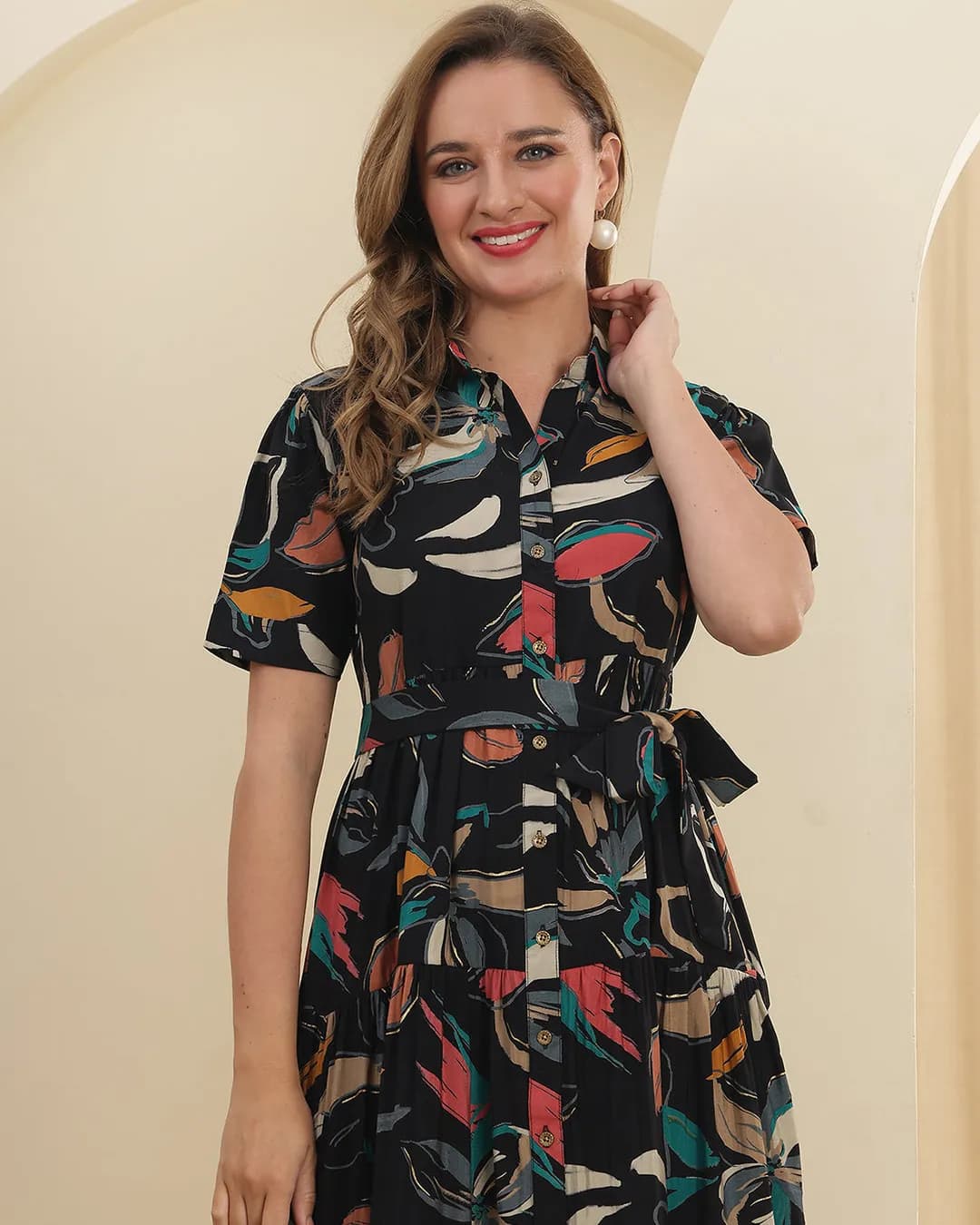 Women's Black Abstract Printed Premium Chanderi Silk Shirt Dress with Belt alternate view