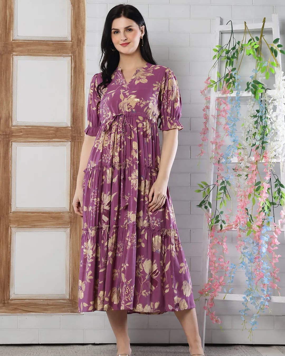 Mauve Floral Printed Chanderi Silk Tiered Midi Dress for Women