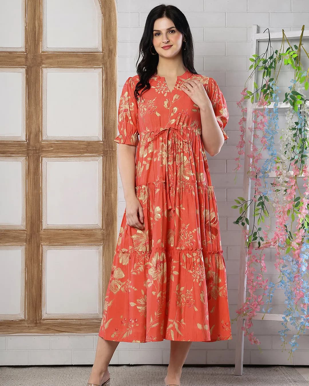 Orange Floral Printed Chanderi Silk Tiered Midi Dress for Women