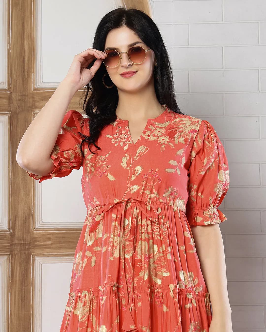 Orange Floral Printed Chanderi Silk Tiered Midi Dress for Women alternate view