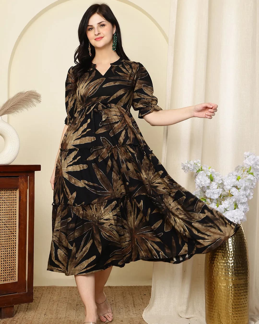 Black Floral Printed Premium Chanderi Silk Tiered Midi Dress for Women alternate view