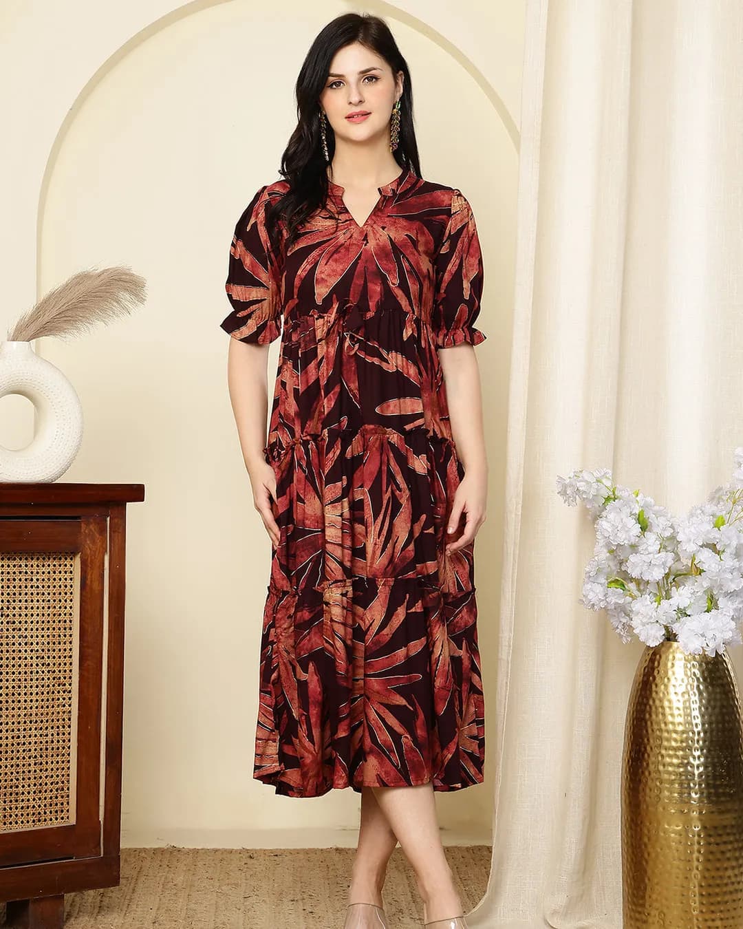Purple Floral Printed Premium Chanderi Silk Tiered Midi Dress for Women