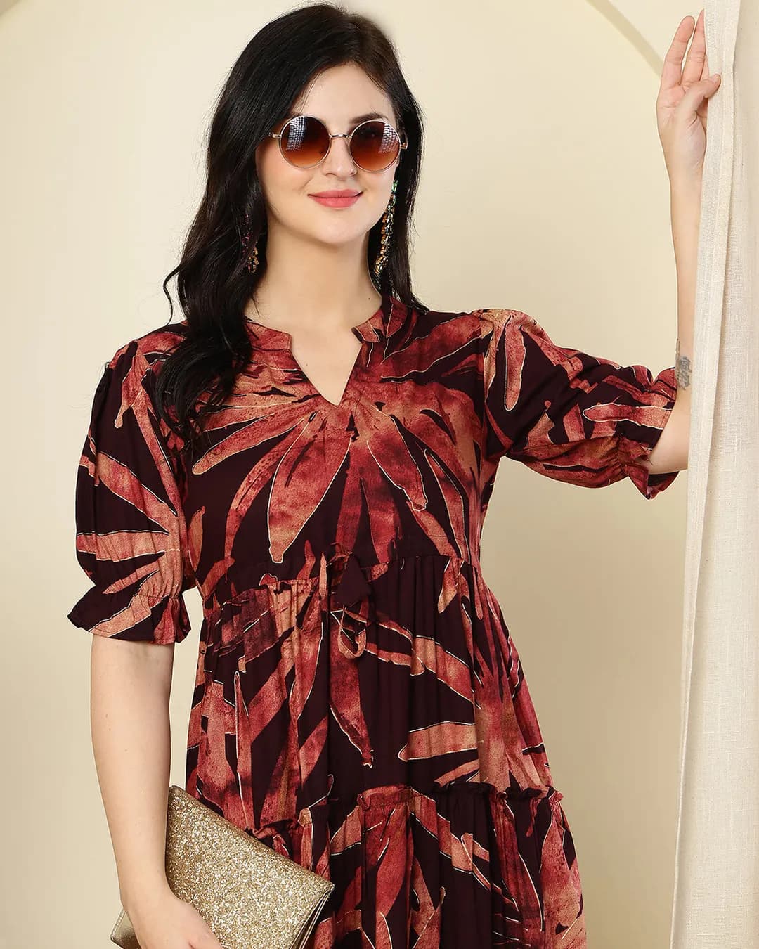 Purple Floral Printed Premium Chanderi Silk Tiered Midi Dress for Women alternate view