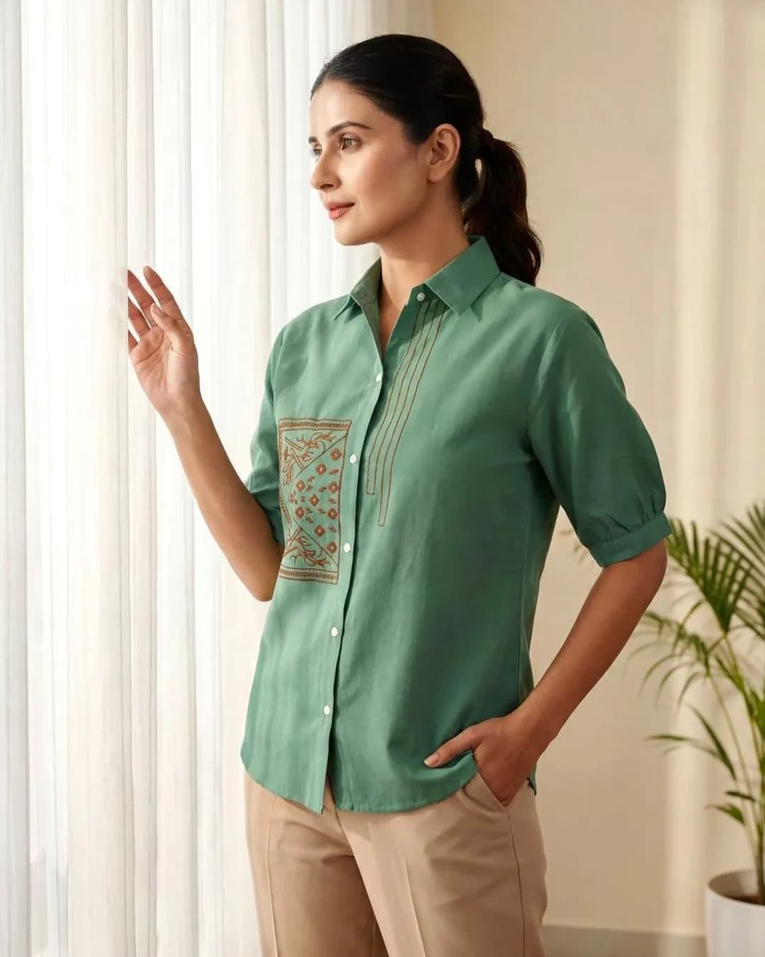 Classy Embroidered Cotton Flex Shirt for Women alternate view
