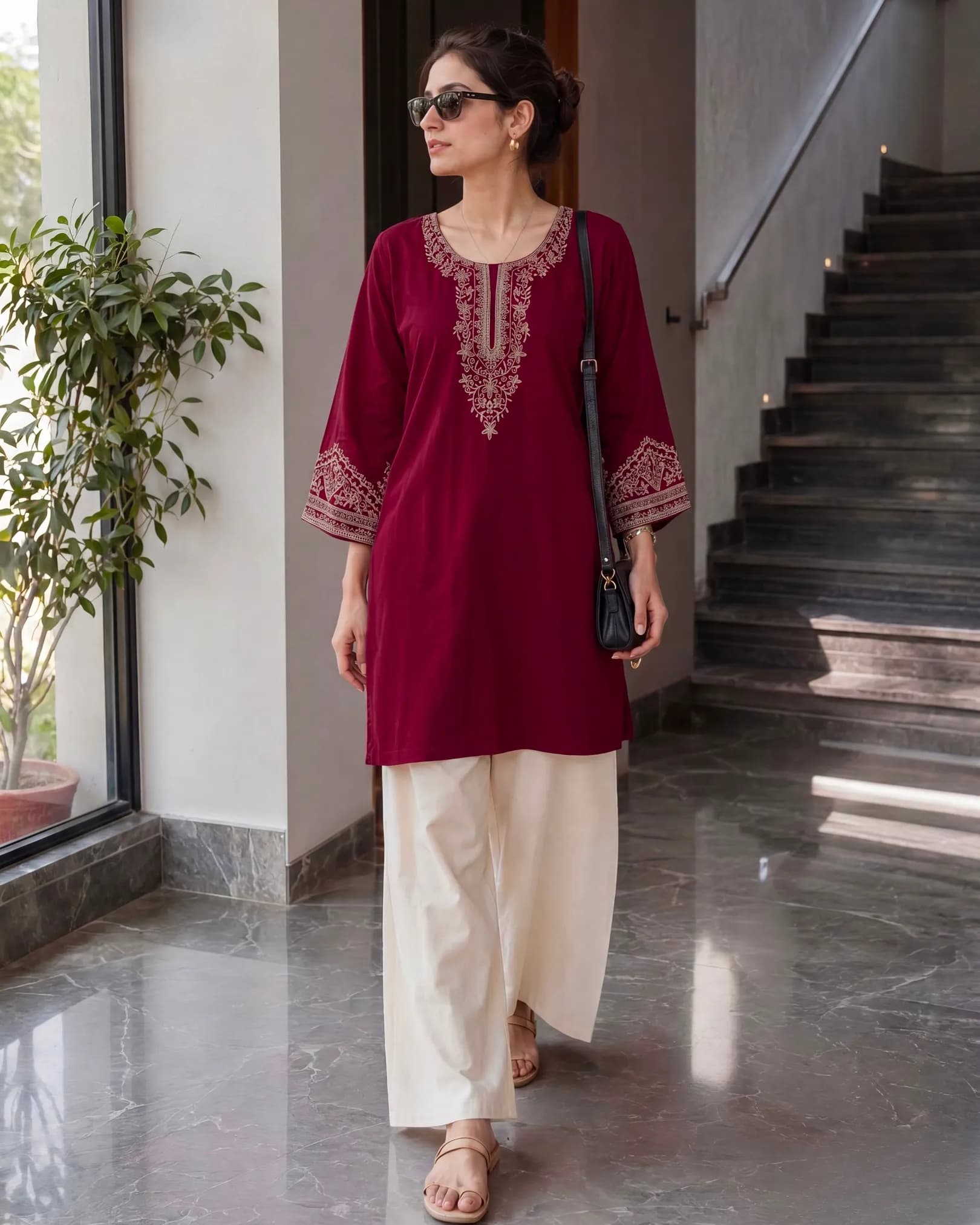 Heavy Rayon Embroidered Short Top with Cotton Flex Palazzo Set for Women
