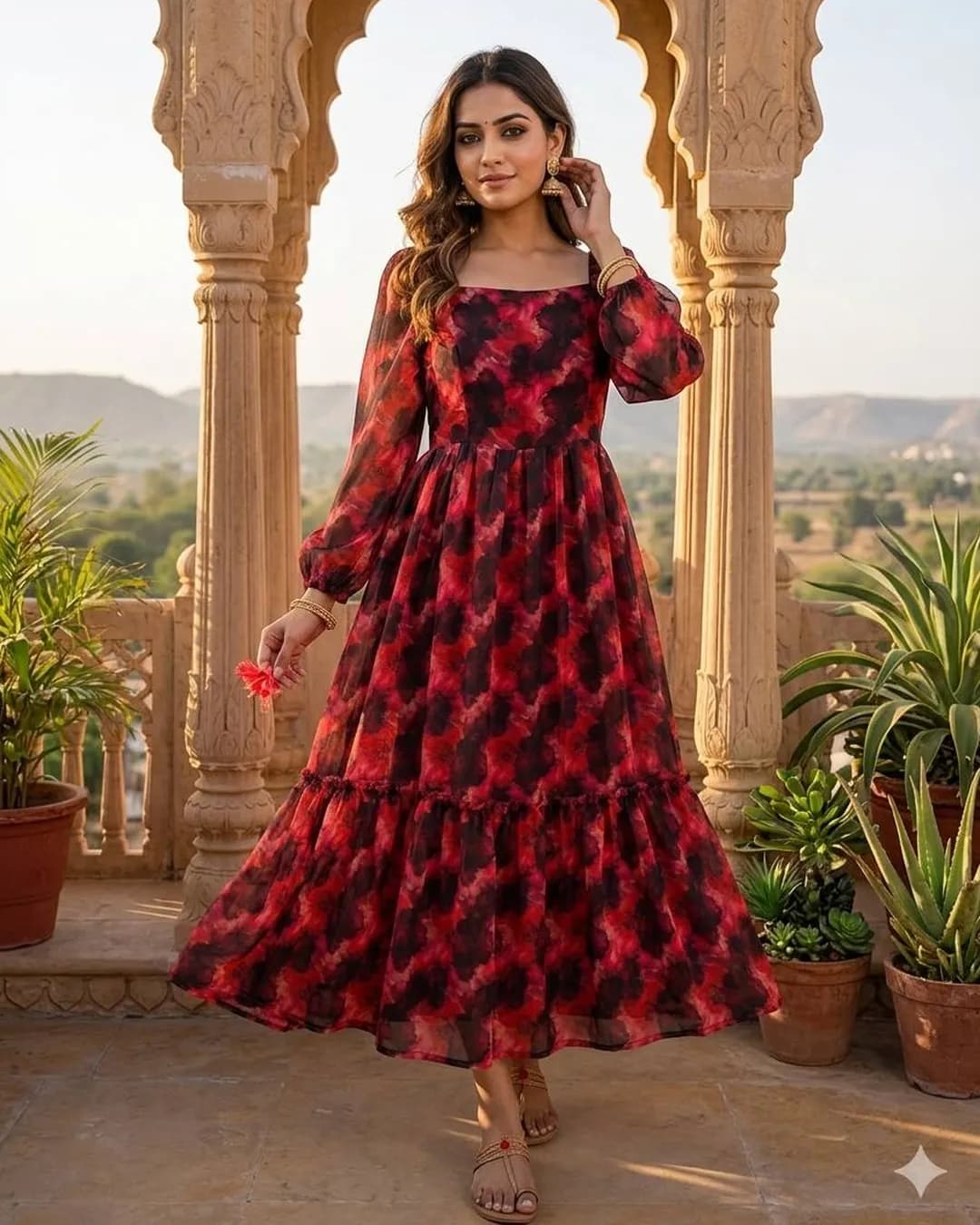 Women's Alfino Chiffon Botanical Print A-Line Midi Dress