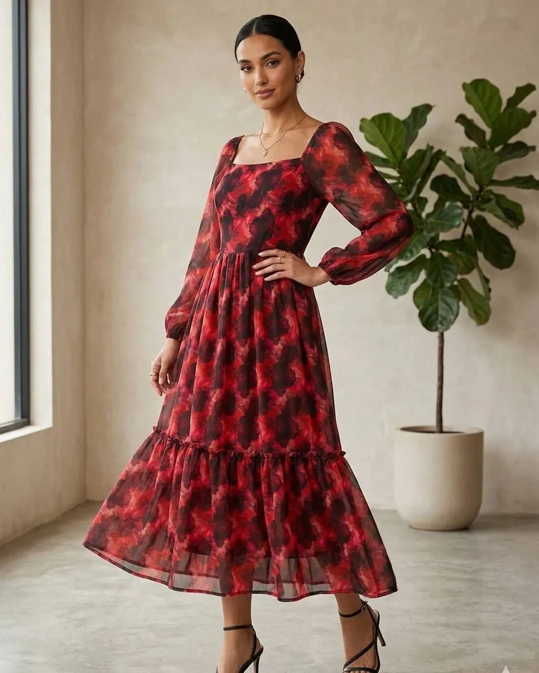 Women's Alfino Chiffon Botanical Print A-Line Midi Dress alternate view