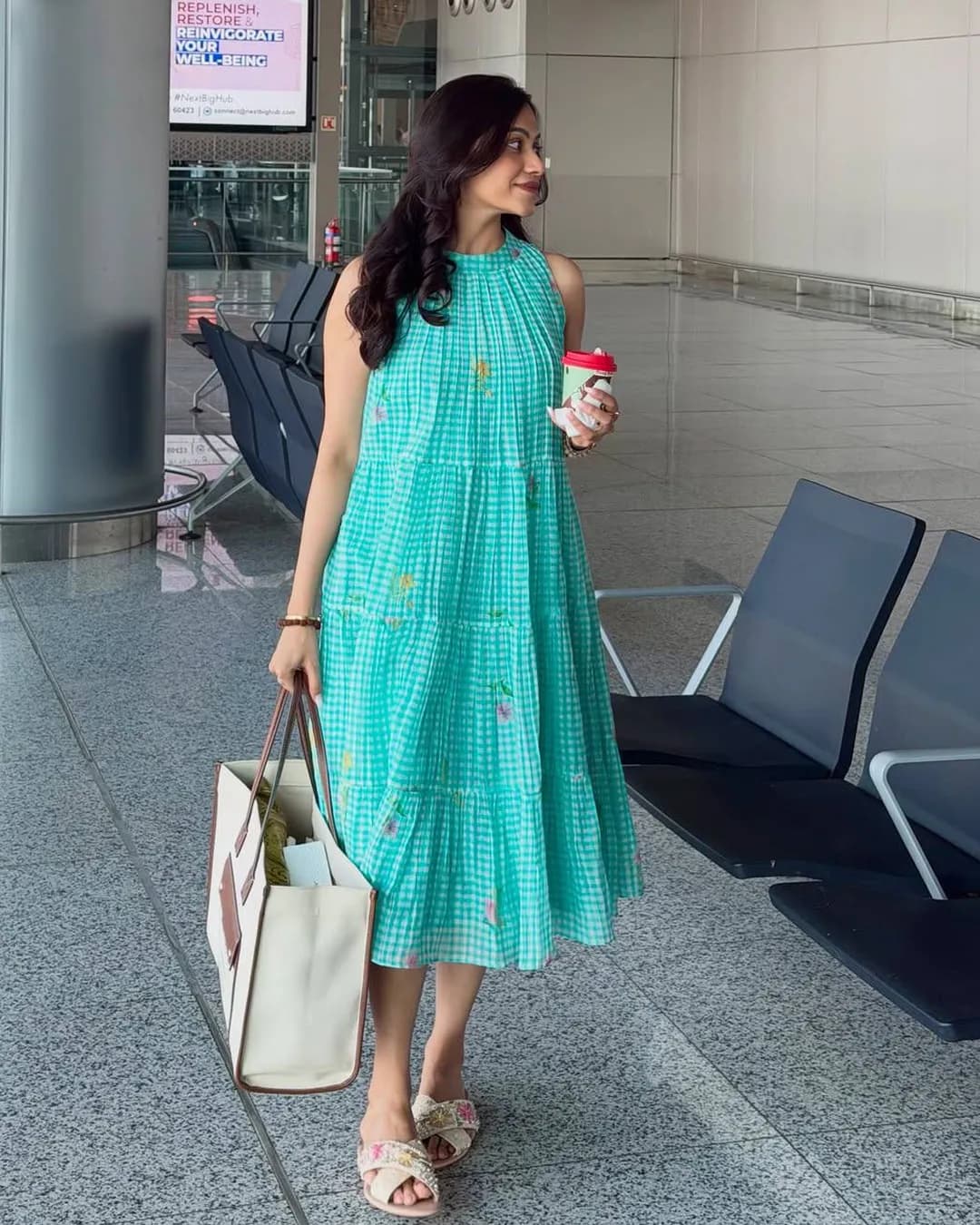 Women's Soft Cotton Tiered Halter Neck Midi Dress with Belt